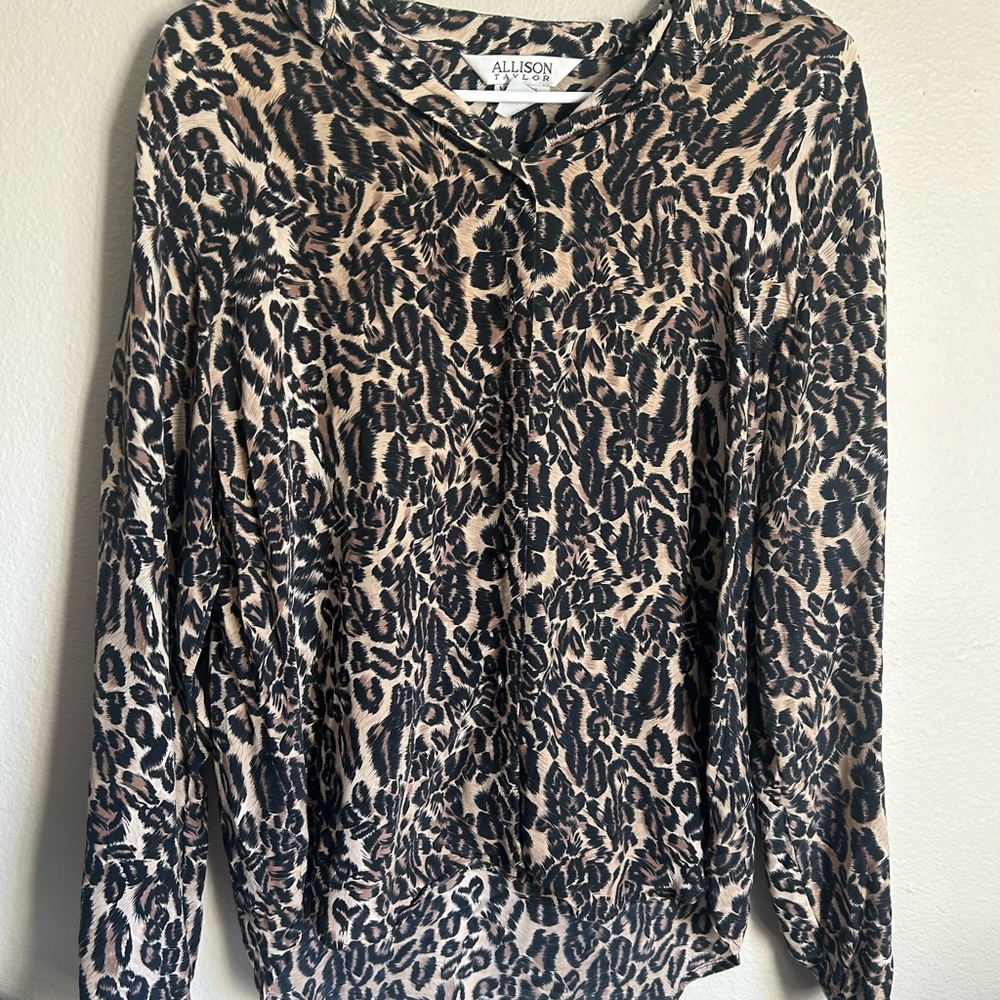 Leopard Print Women's Top - Black and Tan 100% Silk